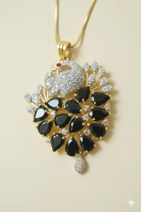 Elegant_Peacock_Design_Necklace_Set_With_Black_Stones_And_American_Diamonds_|_Elegant_Pendant_Set_With_Matching_Earrings_For_Women