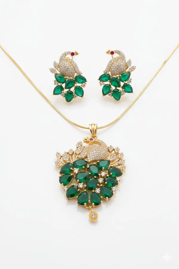 Elegant_Peacock_Design_Necklace_Set_With_Emarald_Green_Stones_And_American_Diamonds_|_Elegant_Pendant_Set_With_Matching_Earrings_For_Women