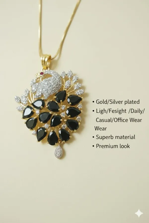 Elegant_Peacock_Design_Necklace_Set_With_Black_Stones_And_American_Diamonds_|_Elegant_Pendant_Set_With_Matching_Earrings_For_Women