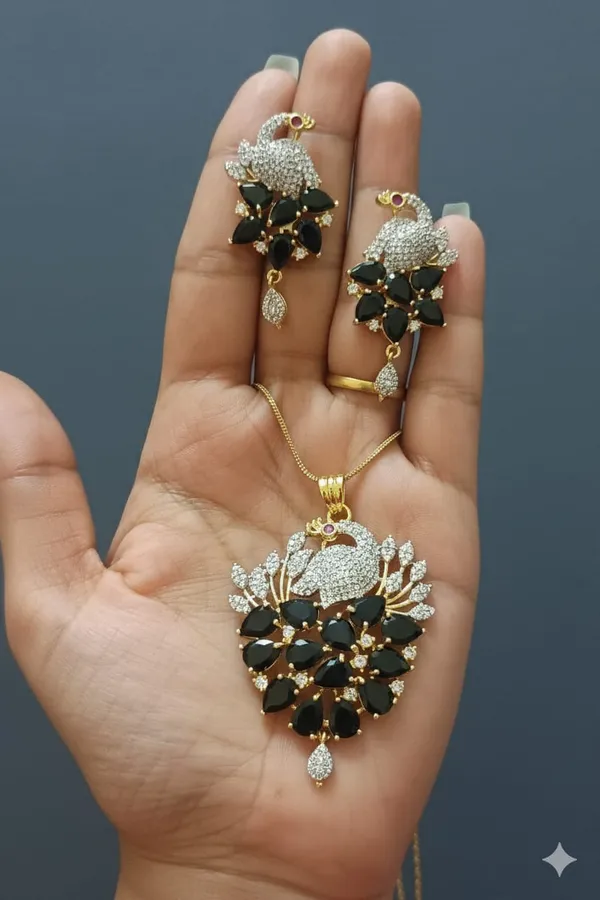 Elegant_Peacock_Design_Necklace_Set_With_Black_Stones_And_American_Diamonds_|_Elegant_Pendant_Set_With_Matching_Earrings_For_Women
