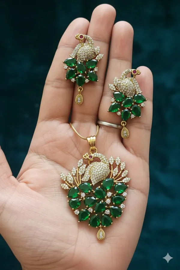 Elegant_Peacock_Design_Necklace_Set_With_Emarald_Green_Stones_And_American_Diamonds_|_Elegant_Pendant_Set_With_Matching_Earrings_For_Women