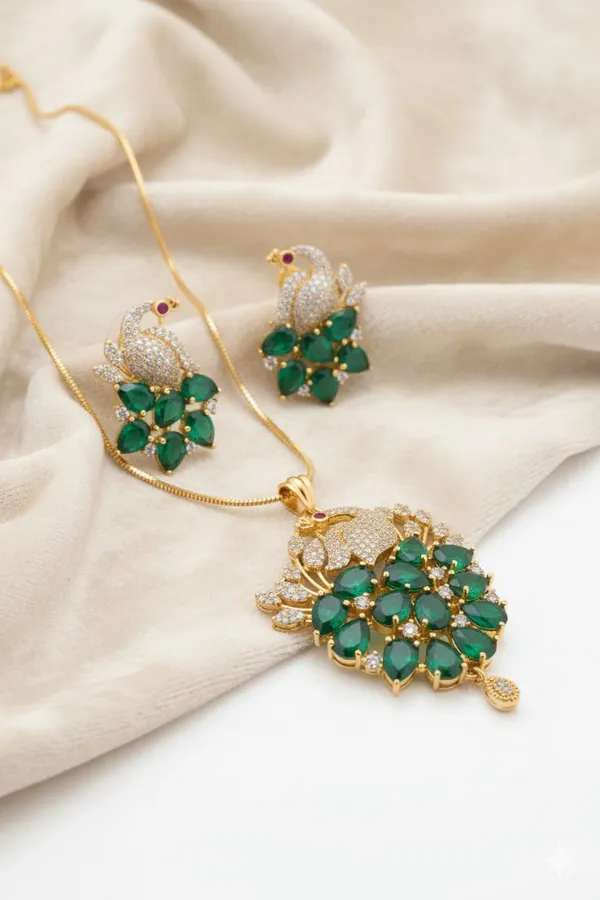 Elegant_Peacock_Design_Necklace_Set_With_Emarald_Green_Stones_And_American_Diamonds_|_Elegant_Pendant_Set_With_Matching_Earrings_For_Women