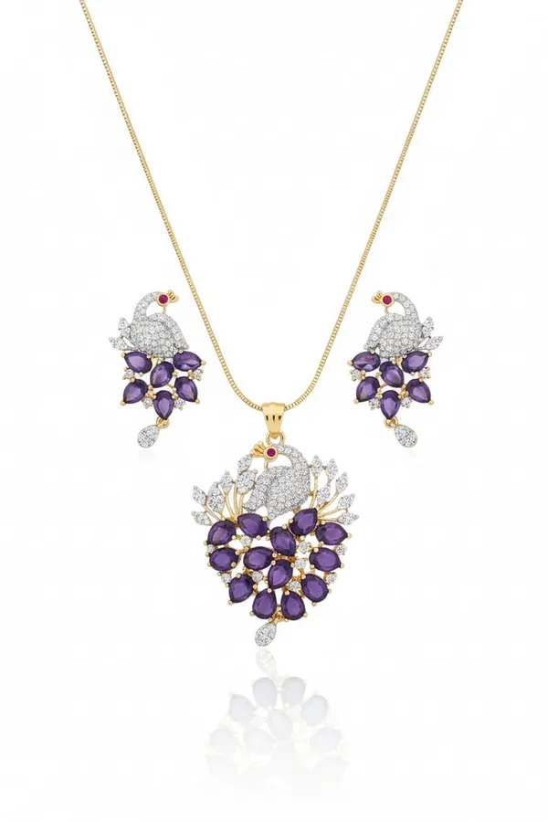 Elegant_Peacock_Design_Necklace_Set_With_Purple_Stones_And_American_Diamonds_|_Elegant_Pendant_Set_With_Matching_Earrings_For_Women