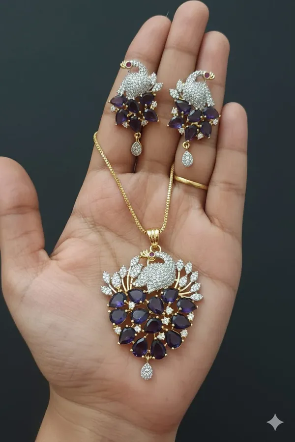 Elegant_Peacock_Design_Necklace_Set_With_Purple_Stones_And_American_Diamonds_|_Elegant_Pendant_Set_With_Matching_Earrings_For_Women