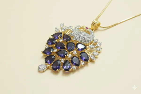 Elegant_Peacock_Design_Necklace_Set_With_Purple_Stones_And_American_Diamonds_|_Elegant_Pendant_Set_With_Matching_Earrings_For_Women