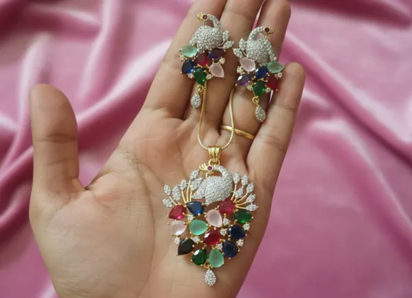 Elegant_Peacock_Design_Necklace_Set_With_Multicolor_Stones_And_American_Diamonds_|_Elegant_Pendant_Set_With_Matching_Earrings_For_Women