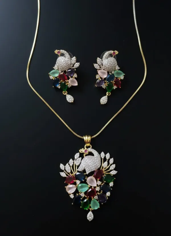 Elegant_Peacock_Design_Necklace_Set_With_Multicolor_Stones_And_American_Diamonds_|_Elegant_Pendant_Set_With_Matching_Earrings_For_Women