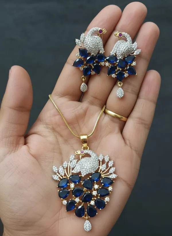 Elegant_Peacock_Design_Necklace_Set_With_Royal_Blue_Stones_And_American_Diamonds_|_Elegant_Pendant_Set_With_Matching_Earrings_For_Women
