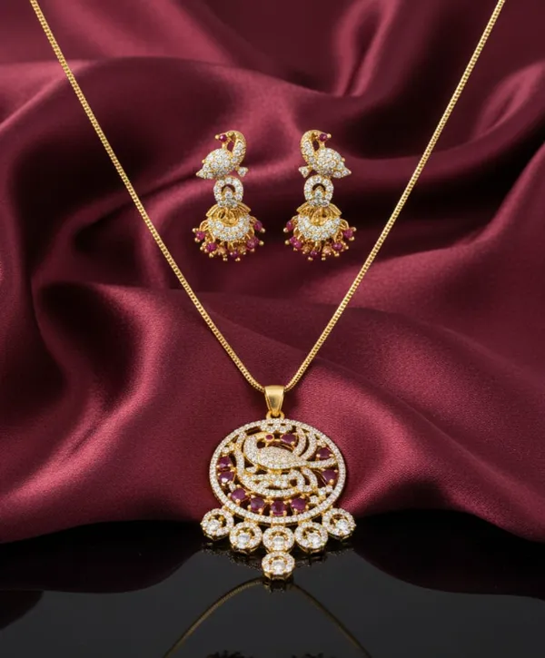 Elegant_Peacock_Design_Pendant_Necklace_Set_With_Crystal_Studded_Earrings_For_Women_|_Traditional_And_Party_Wear_Jewelry_Set
