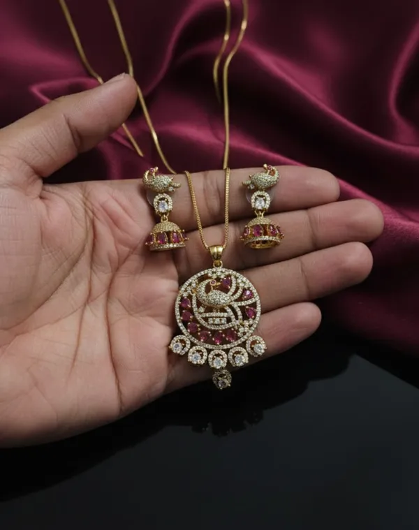 Elegant_Peacock_Design_Pendant_Necklace_Set_With_Crystal_Studded_Earrings_For_Women_|_Traditional_And_Party_Wear_Jewelry_Set