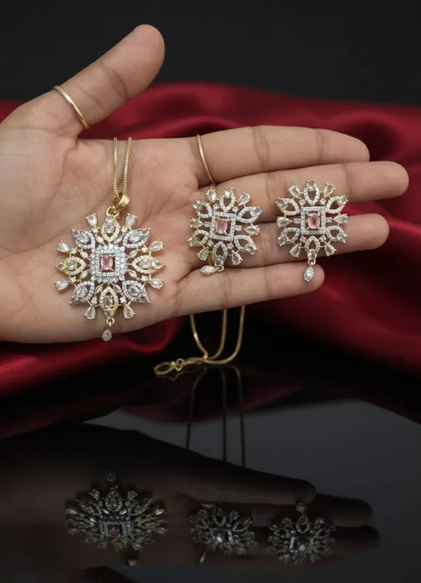 Premium_Sunburst_Pendant_Set_With_Pink_Crystal_|_Luxury_American_Diamond_Necklace_And_Earring_Jewelry_For_Wedding,_Party_And_Festive_Wear