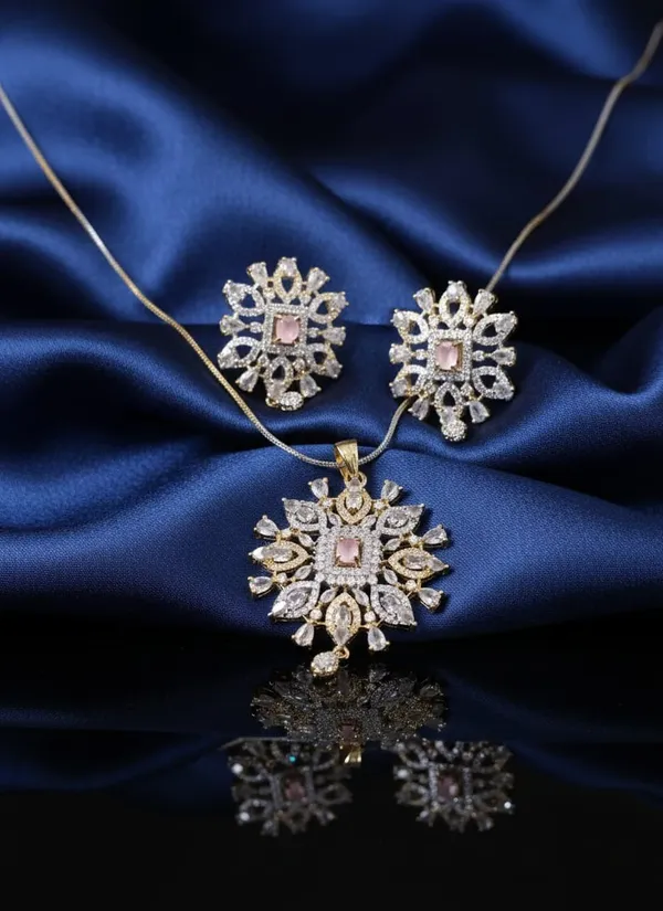 Premium_Sunburst_Pendant_Set_With_Pink_Crystal_|_Luxury_American_Diamond_Necklace_And_Earring_Jewelry_For_Wedding,_Party_And_Festive_Wear