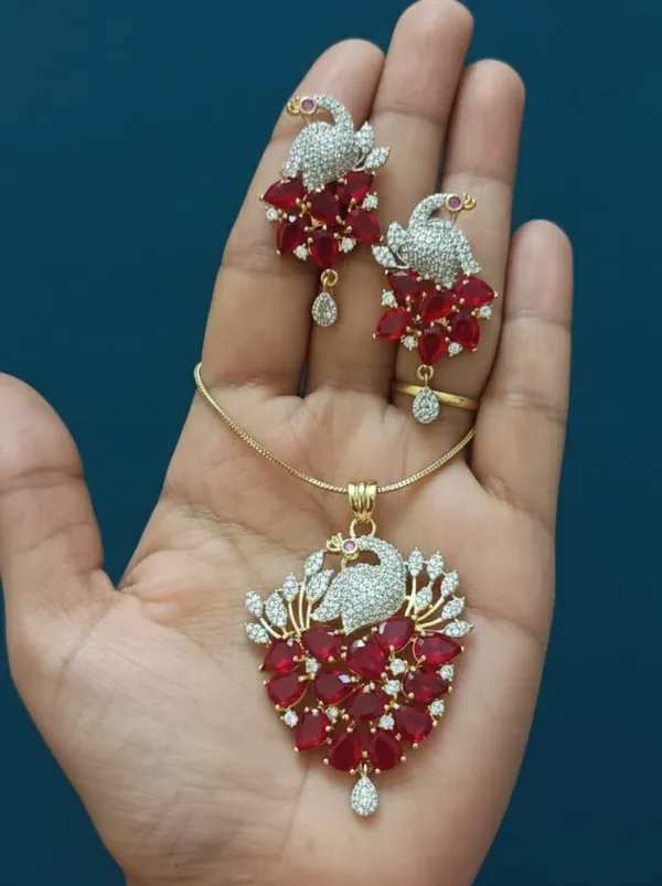 Elegant_Peacock_Design_Necklace_Set_With_Ruby_Red_Stones_And_American_Diamonds_|_Elegant_Pendant_Set_With_Matching_Earrings_For_Women