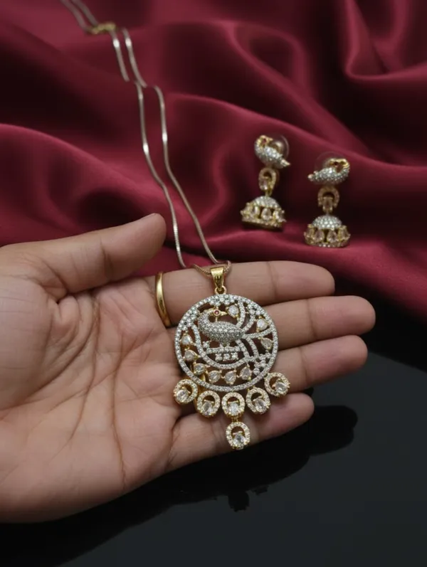 Elegant_Peacock_Design_Pendant_Necklace_Set_With_Crystal_Studded_Earrings_For_Women_|_Traditional_And_Party_Wear_Jewelry_Set