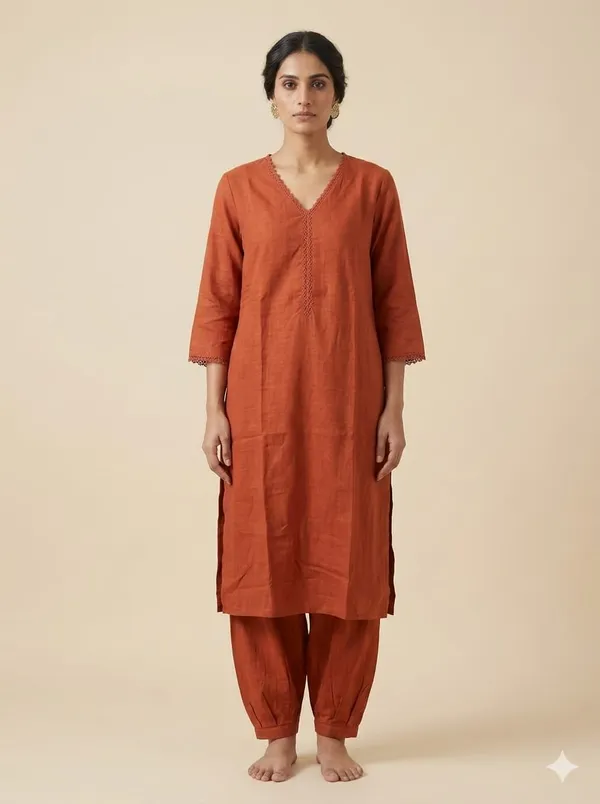 Rust_Orange_Khadi_Cotton_Straight_Kurta_Set_With_Pants_For_Women