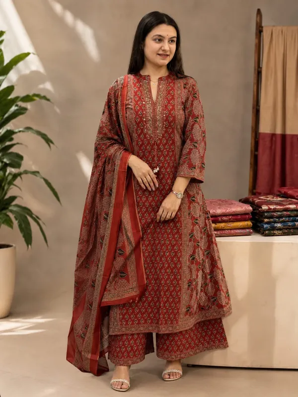 Red_Cotton_Printed_Palazzo_Kurta_Set_With_Dupatta_For_Women