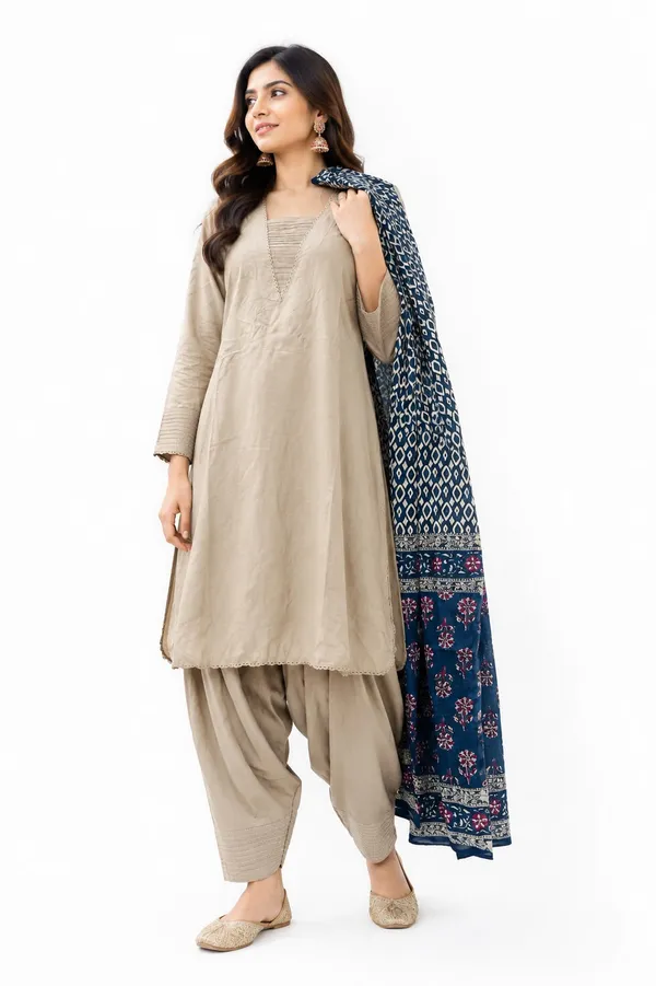Teal_beige_colour_designer_Faeshi_salwar_suit_for_women_Straight_Kurta_Palazzo_Outfit_V_Neck_Slit_Long_Sleeve_Ethnic_Dress_Womens_Clothing
