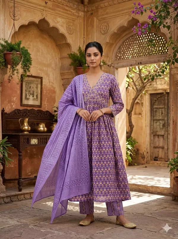Purple_Cotton_Geometric_Print_Anarkali_Nayra_cut_Kurta_Set_With_Dupatta_For_Women