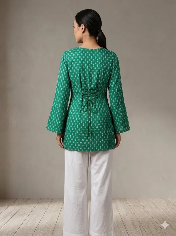 Green_Cotton_Geometric_Print_Bell_Sleeve_Tunic_For_Women