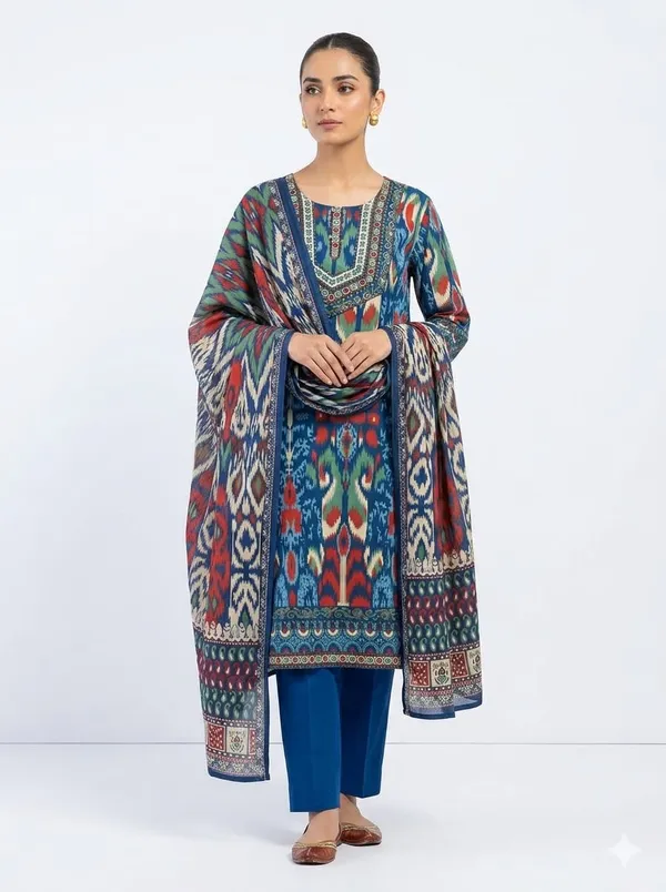 Multicolor_Cotton_Ikat_Print_Embellished_Kurta_Set_For_Women