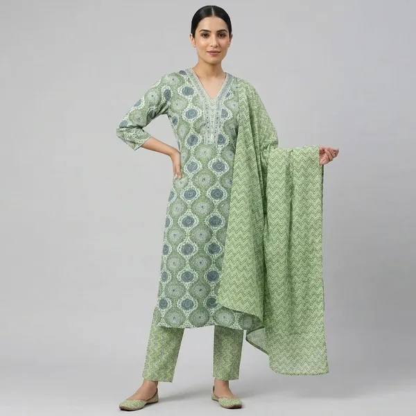 Green_Cotton_Printed_Straight_Kurta_Set_With_Dupatta_For_Women