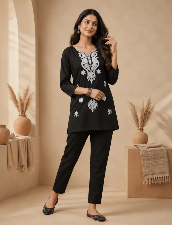 Ada_Hand_Embroidered_Black_Cotton_Lucknowi_Chikankari_Straight_Kurti_&_Pant_Coord-Set_
