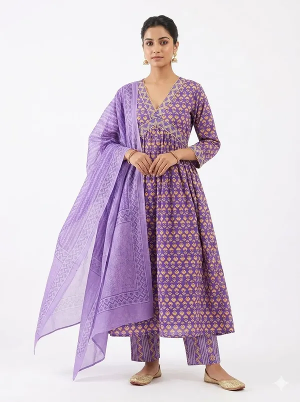 Purple_Cotton_Geometric_Print_Anarkali_Nayra_cut_Kurta_Set_With_Dupatta_For_Women
