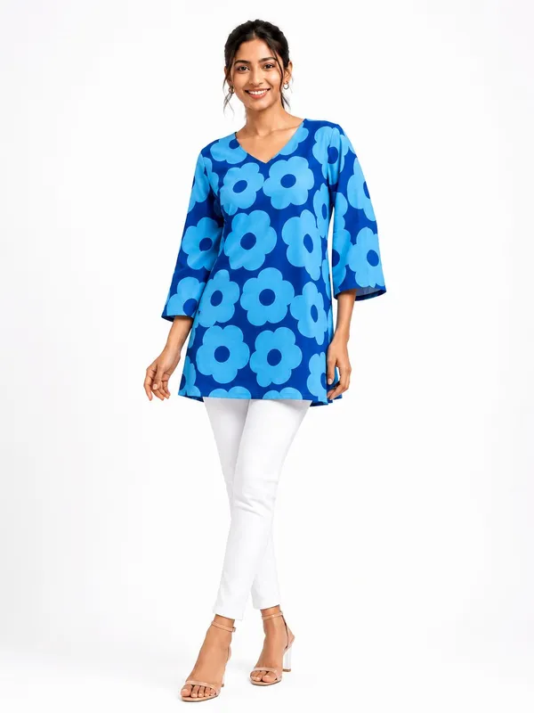 Blue_Cotton_Floral_Print_Tunic_Dress_For_Women