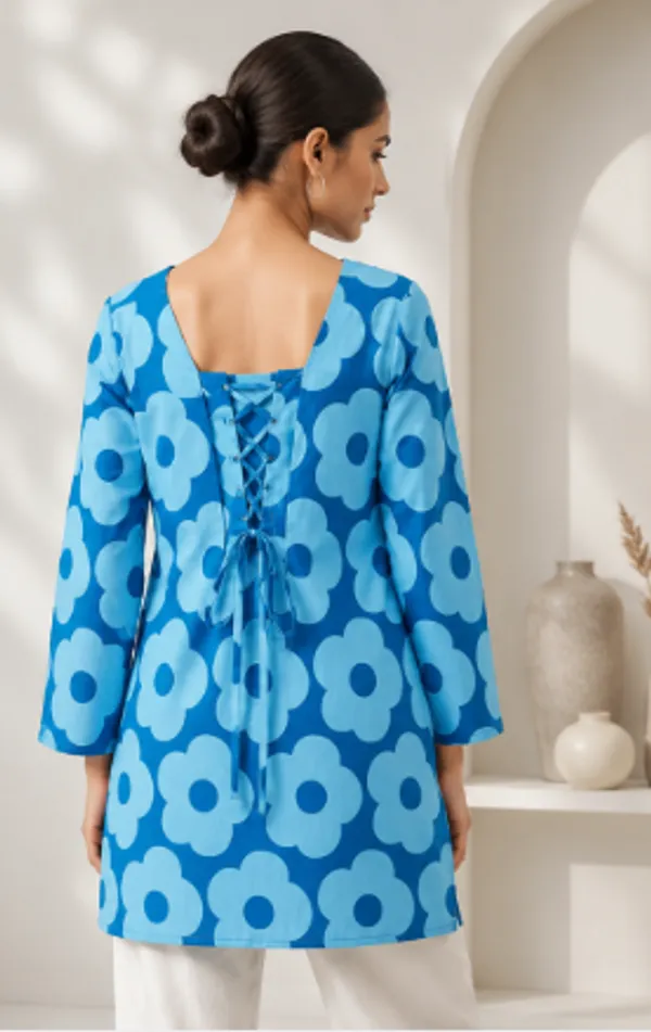 Blue_Cotton_Floral_Print_Tunic_Dress_For_Women
