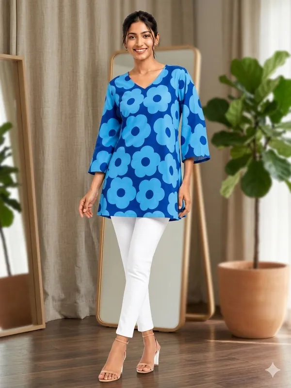 Blue_Cotton_Floral_Print_Tunic_Dress_For_Women