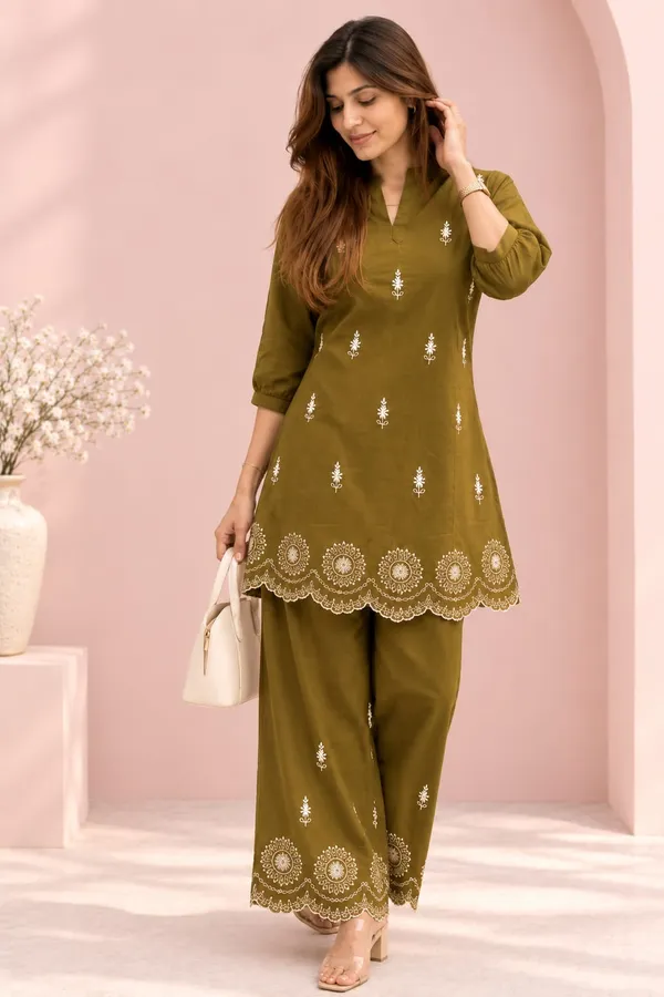 Coffee_Brown/Olive_Cotton_Embroidered_Co-Ord_Set.