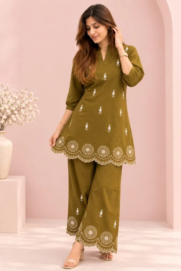 Coffee_Brown/Olive_Cotton_Embroidered_Co-Ord_Set.