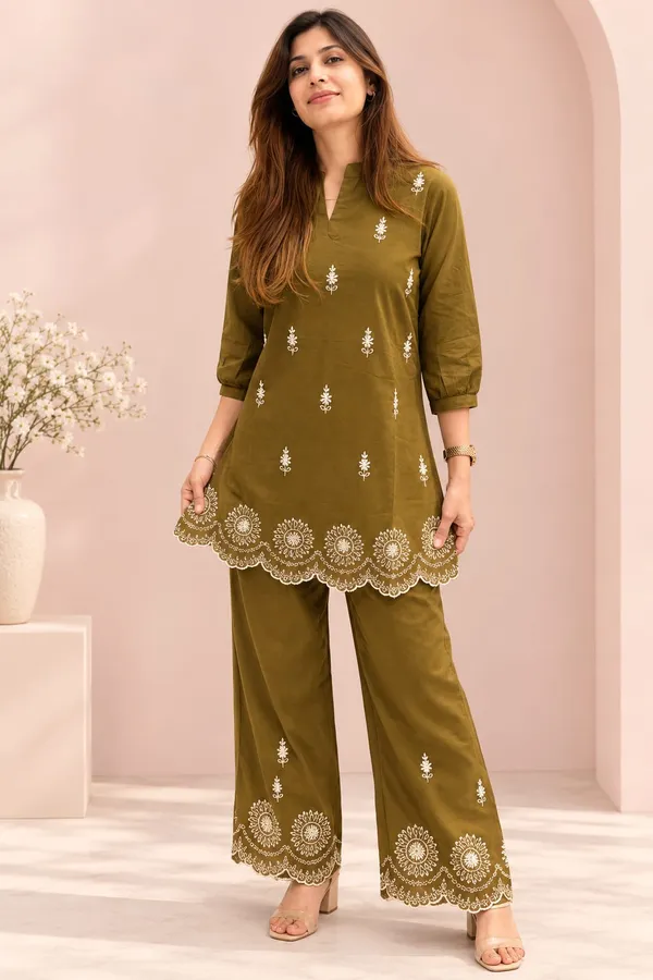 Coffee_Brown/Olive_Cotton_Embroidered_Co-Ord_Set.