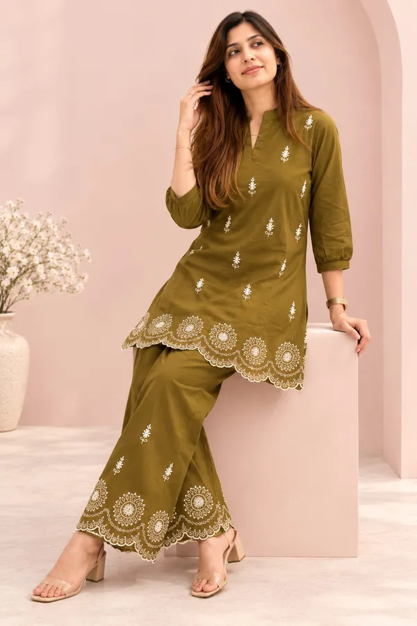 Coffee_Brown/Olive_Cotton_Embroidered_Co-Ord_Set.