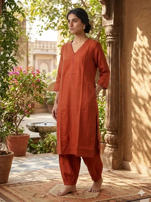Rust_Orange_Khadi_Cotton_Straight_Kurta_Set_With_Pants_For_Women
