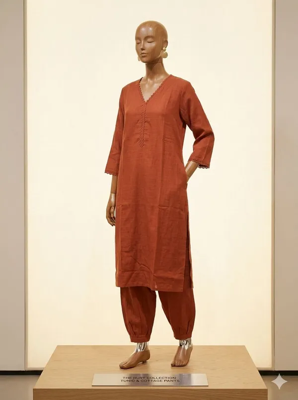 Rust_Orange_Khadi_Cotton_Straight_Kurta_Set_With_Pants_For_Women