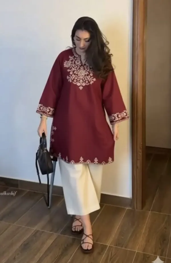 Embroidery_Maroon_Cotton_Kurta_Set_With_Palazzo_Pants