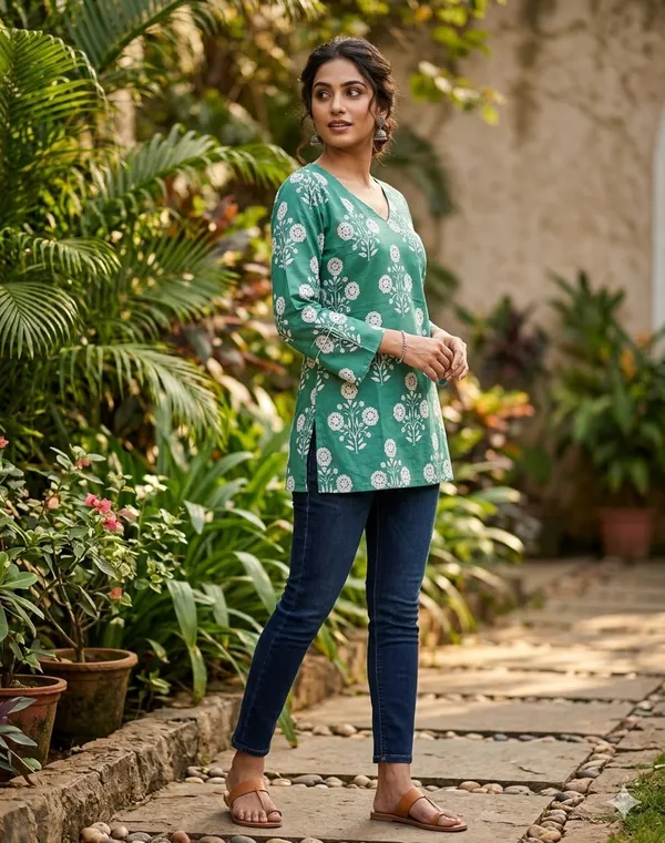 Green_Cotton_Relaxed_Fit_Floral_Print_Tunic_Top_For_Women