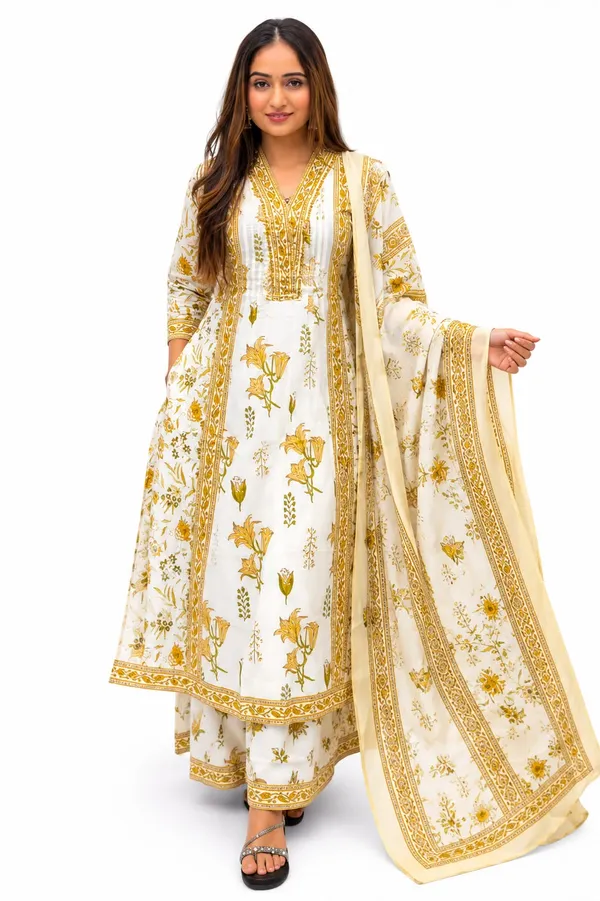 White_Golden_Cotton_Floral_Print_Anarkali_Kurta_Set_For_Women