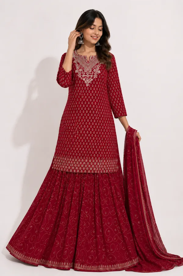Red_Embroidered_Kurti_Sharara_Dupatta_Set