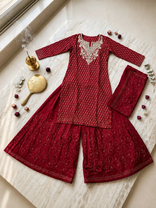 Red_Embroidered_Kurti_Sharara_Dupatta_Set