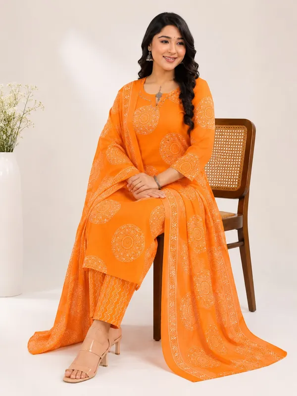 Orange_Cotton_Woven_Straight_Kurta_Set_With_Dupatta_For_Women