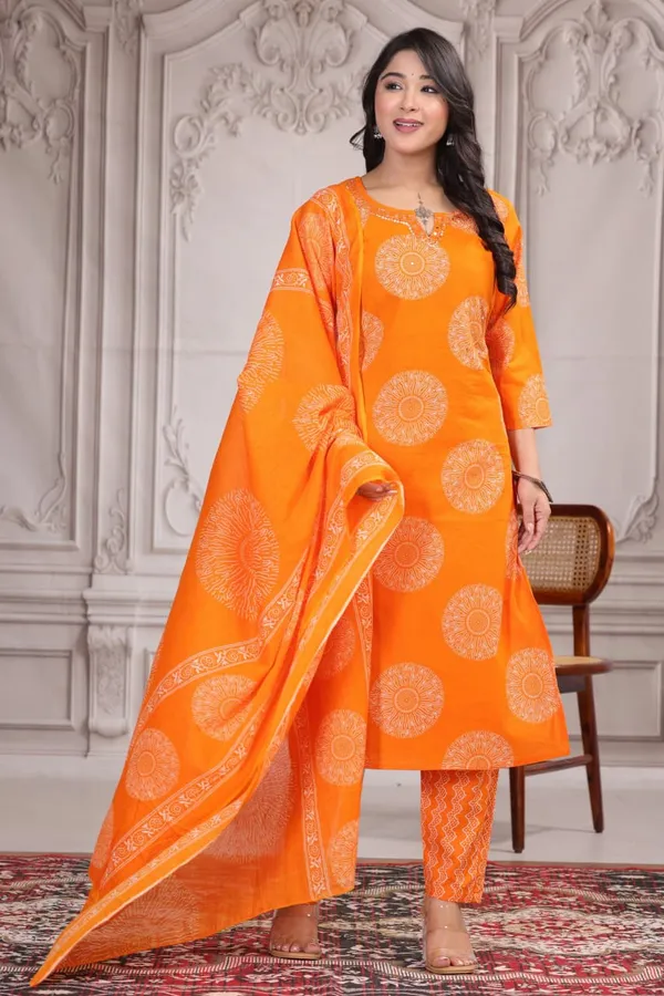 Orange_Cotton_Woven_Straight_Kurta_Set_With_Dupatta_For_Women