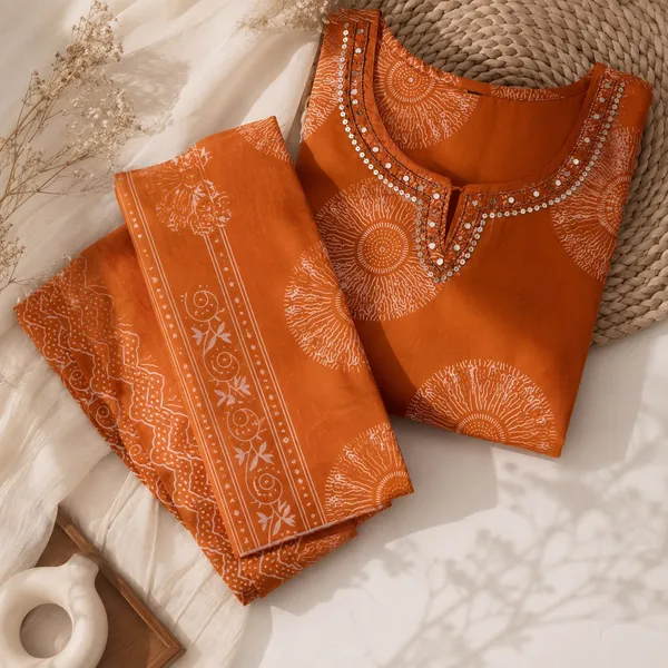 Orange_Cotton_Woven_Straight_Kurta_Set_With_Dupatta_For_Women