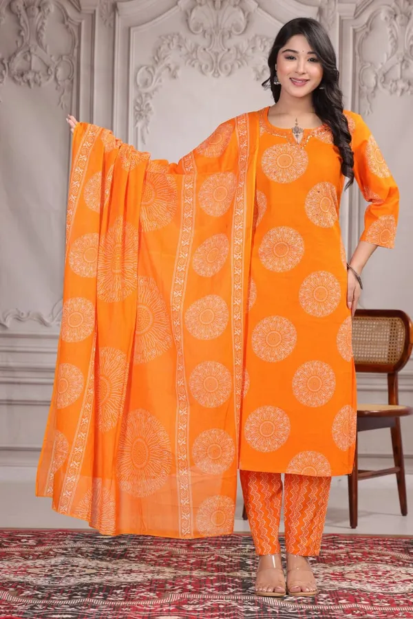 Orange_Cotton_Woven_Straight_Kurta_Set_With_Dupatta_For_Women