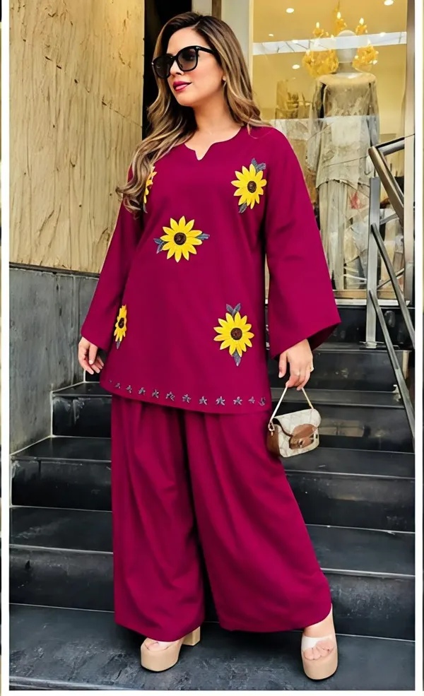 Hot_Pink_Cotton_Sunflower_Hand_Embroidery_Farshi_Co-ord_Set.