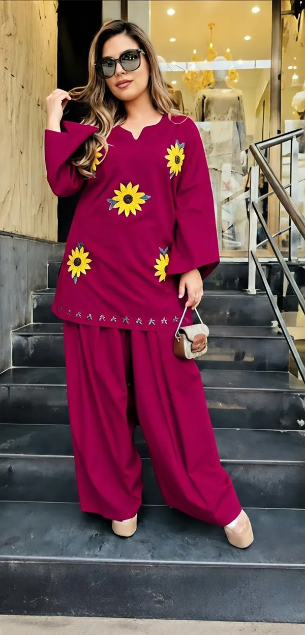 Hot_Pink_Cotton_Sunflower_Hand_Embroidery_Farshi_Co-ord_Set.