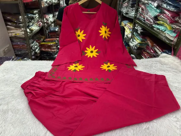 Hot_Pink_Cotton_Sunflower_Hand_Embroidery_Farshi_Co-ord_Set.