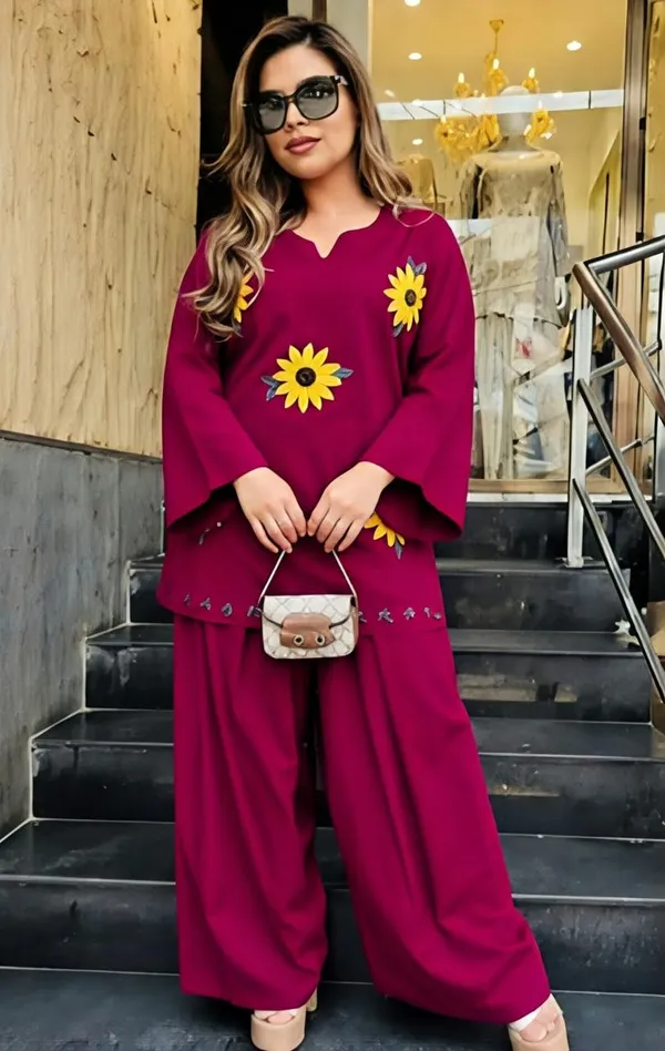 Hot_Pink_Cotton_Sunflower_Hand_Embroidery_Farshi_Co-ord_Set.