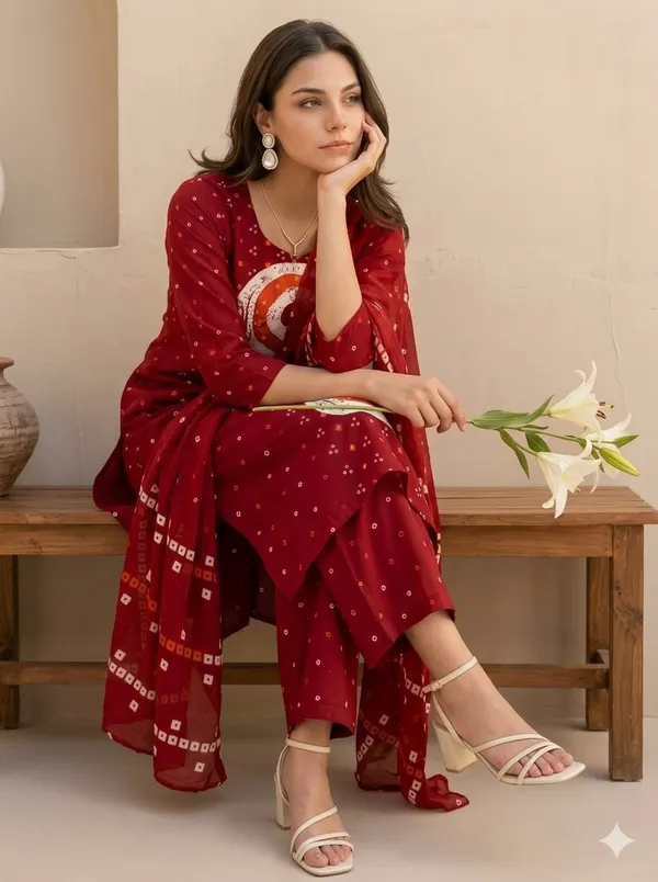 Red_Cotton_Bandhani_Printed_Kurta_Set_With_Dupatta_For_Women